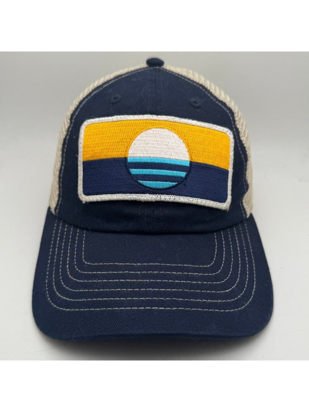 Sportsman Men's Trucker Hat Navy Blue Beige Mesh Sunset Patch Adjustable Cap